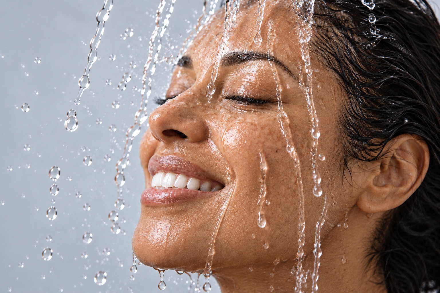 A smiling woman with fresh water flowing over her face